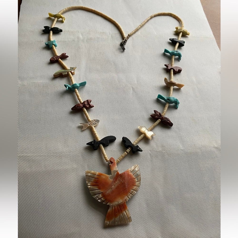Vintage Native Fetish Hand Carved Animals With Large Bird Pendant Necklace!!!